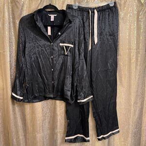 Victorias Secret Black Light Pink Polka Dot Satin Pajama Set Small NWT